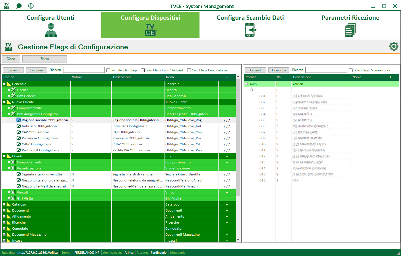 Amministrazione del dispositivo TVCE